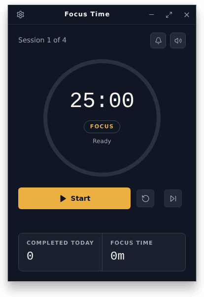 Focus Time desktop app dark theme Pomodoro timer screen