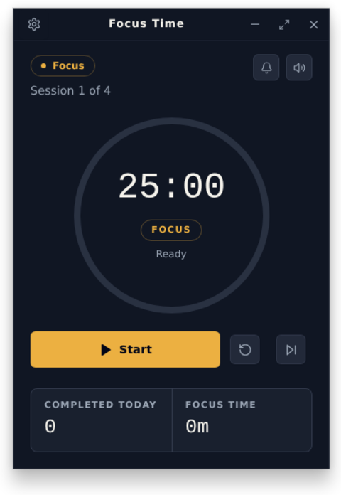 Focus Time desktop app dark theme Pomodoro timer screen