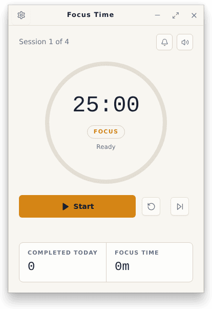 Focus Time desktop app light theme Pomodoro timer screen