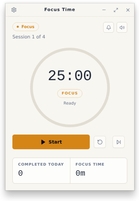 Focus Time desktop app light theme Pomodoro timer screen