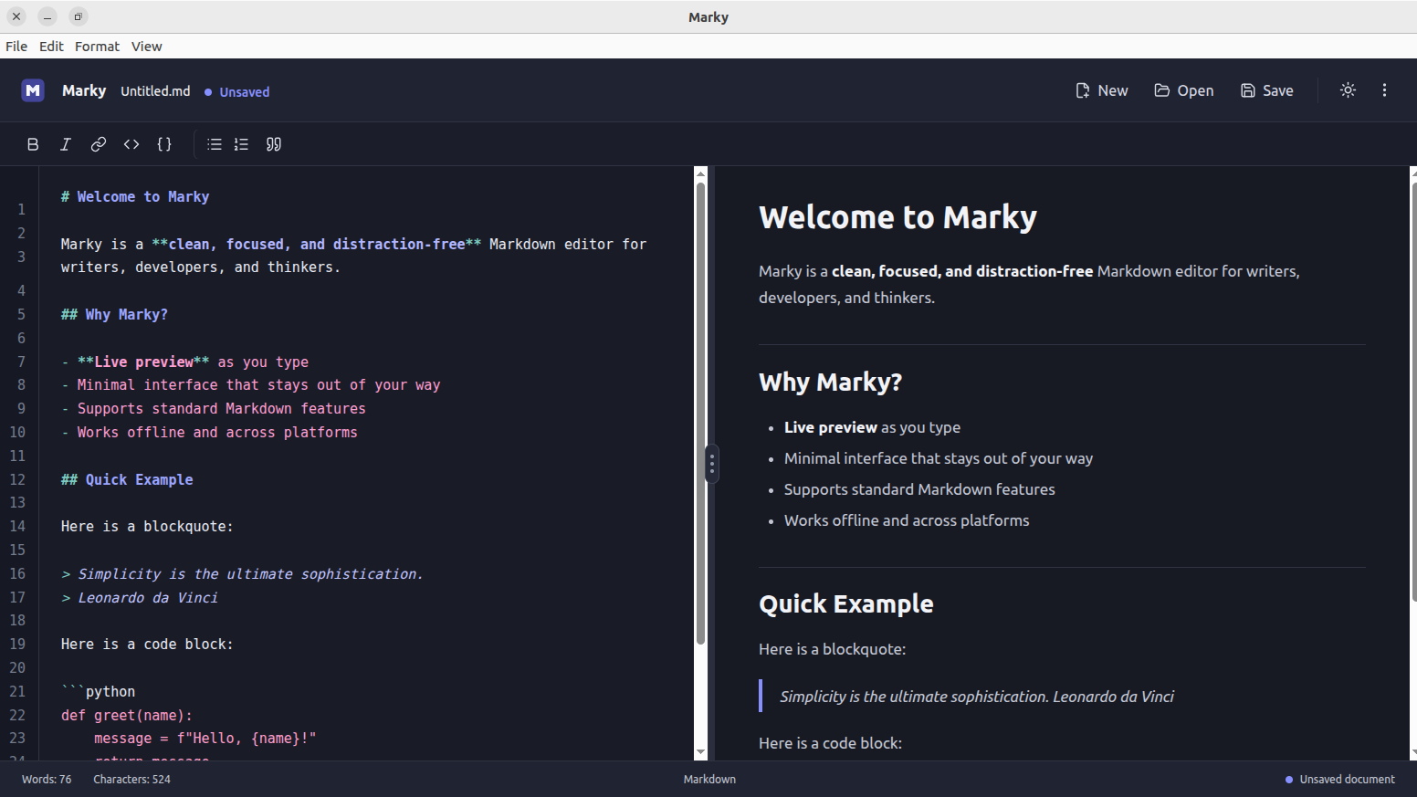 Marky desktop Markdown editor dark theme split editor and preview screen