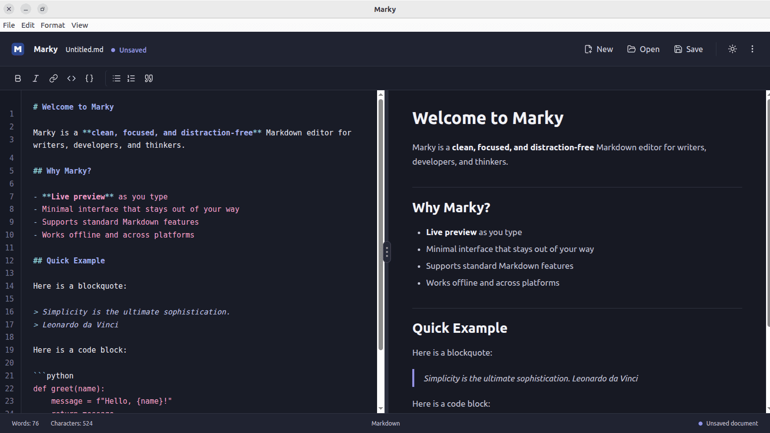 Marky desktop Markdown editor dark theme split editor and preview screen