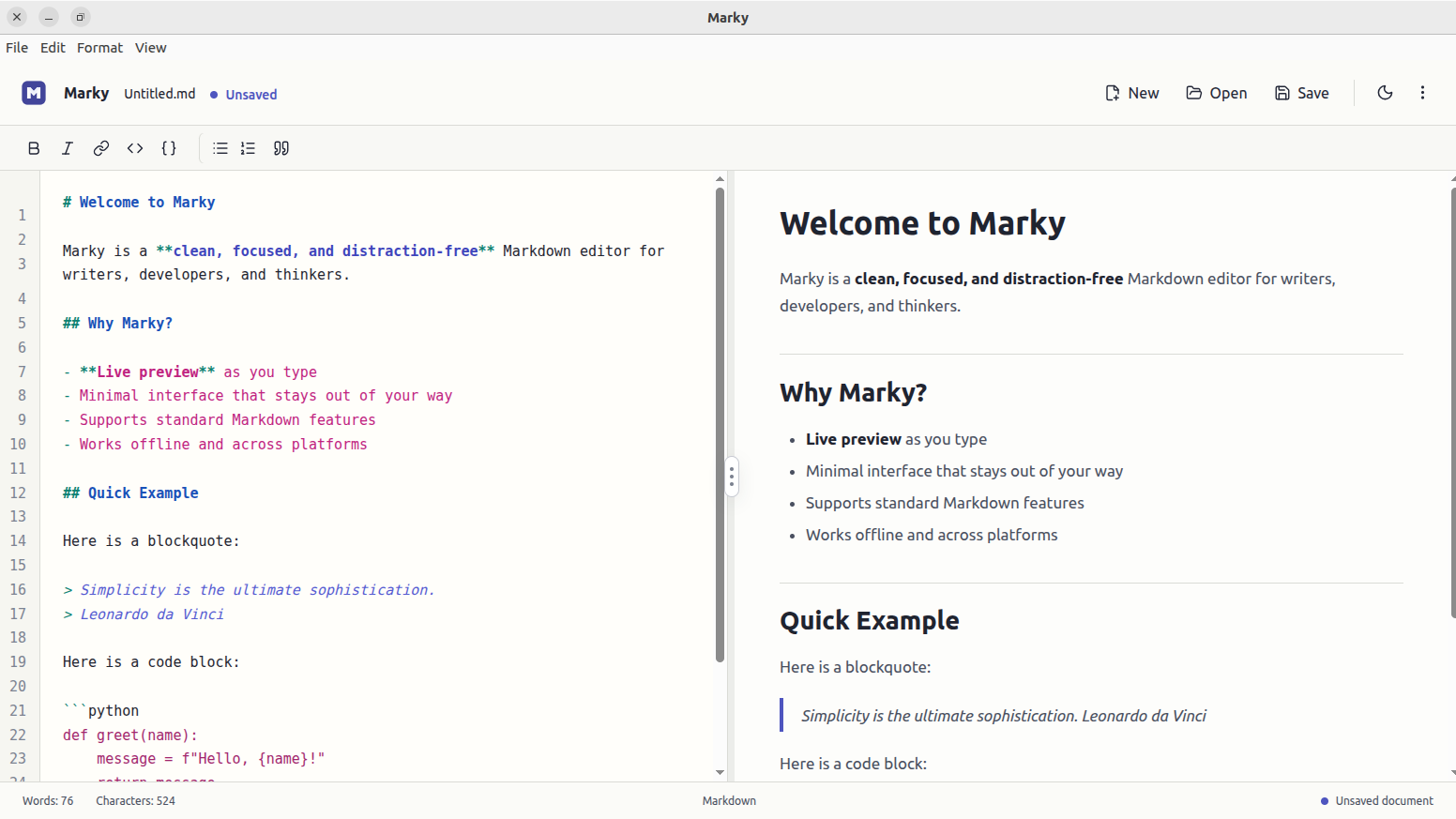 Marky desktop Markdown editor light theme split editor and preview screen