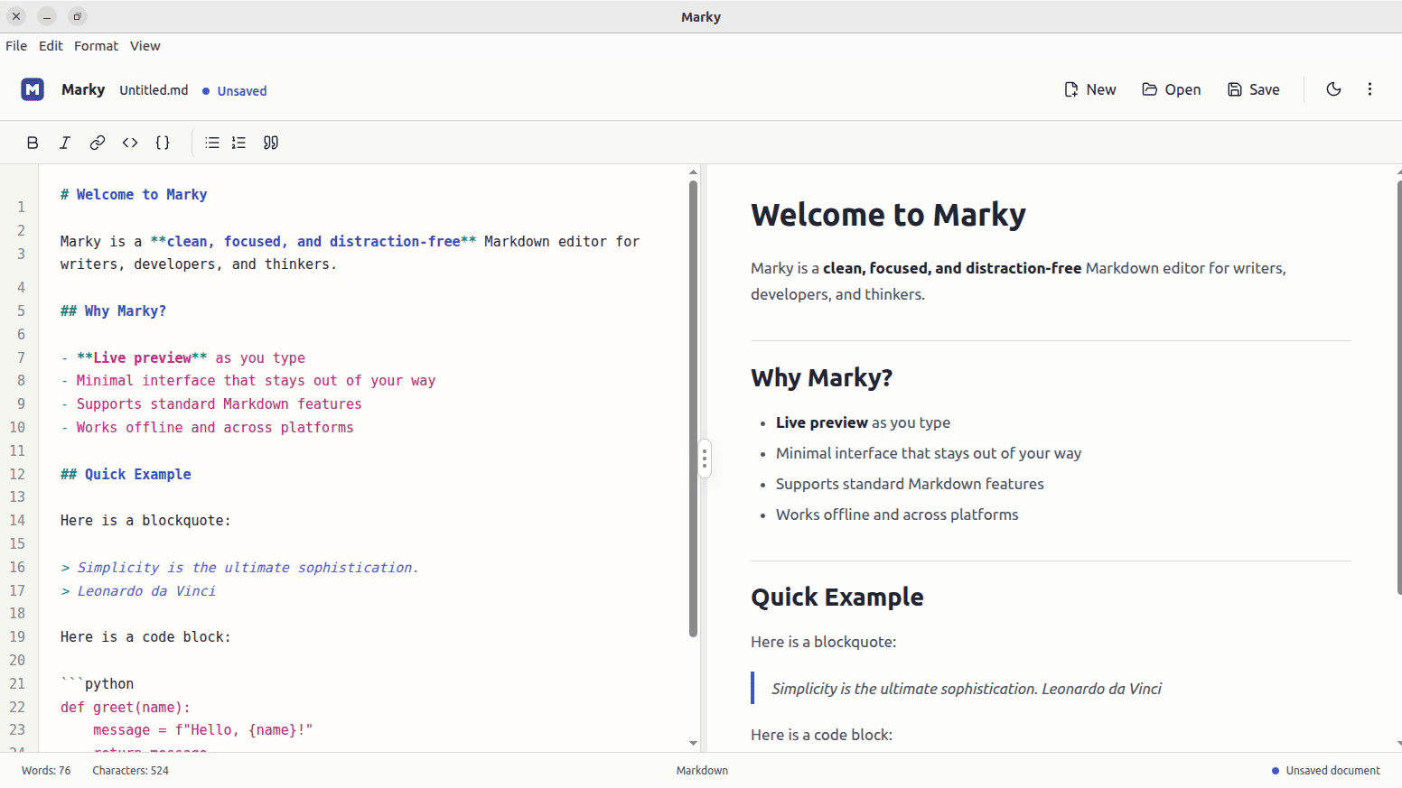 Marky desktop Markdown editor light theme split editor and preview screen